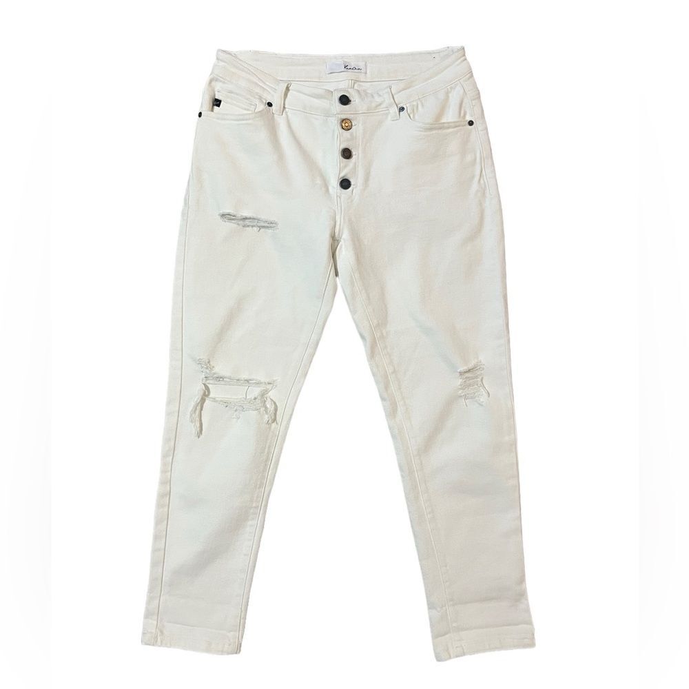 Kancan Womens Cali Mid Rise Boyfriend Jeans Button Fly Distressed White 9/28